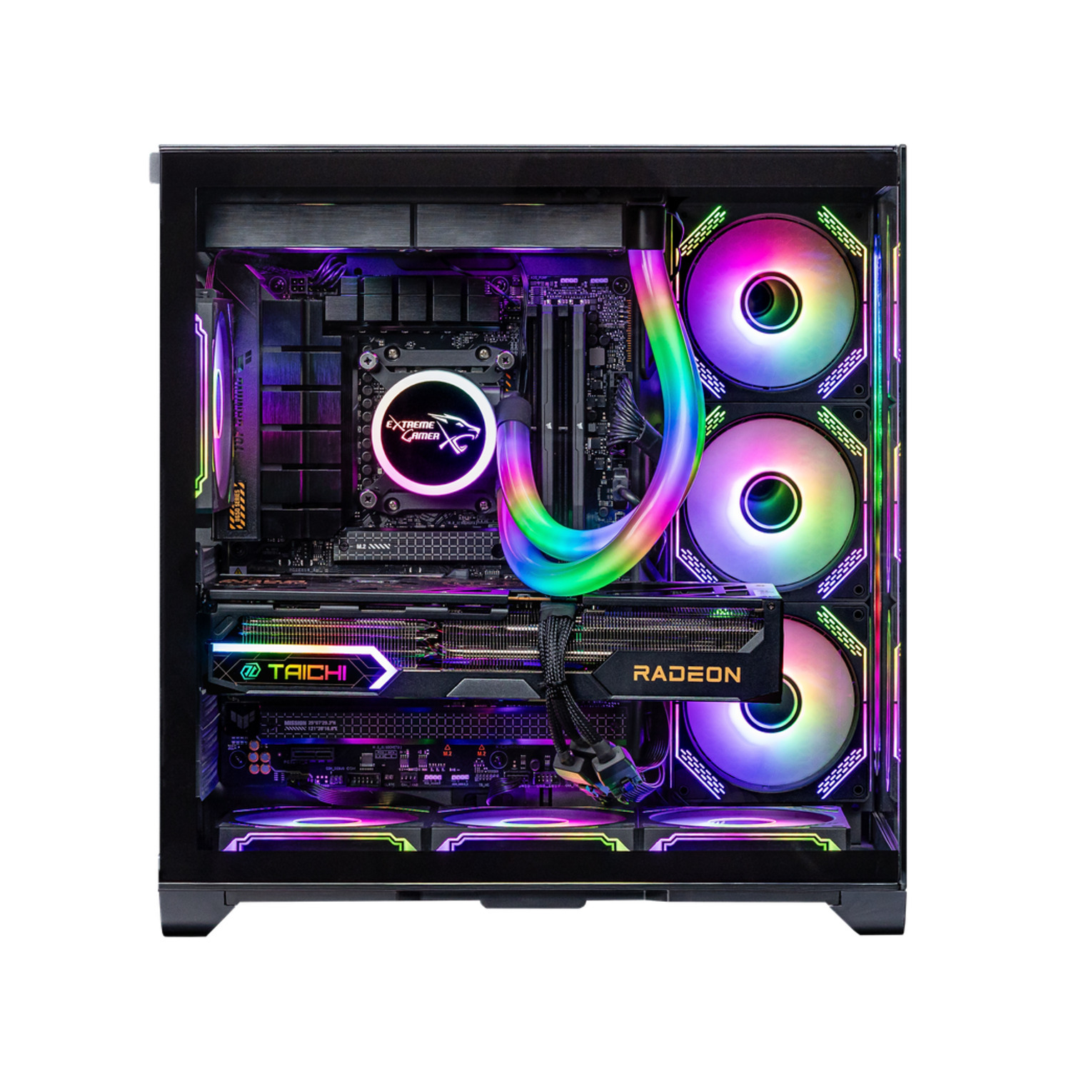 Zwarte pc-kast met regenboogverlichte ventilatoren en interne componenten, met Radeon GPU en waterkoeling.