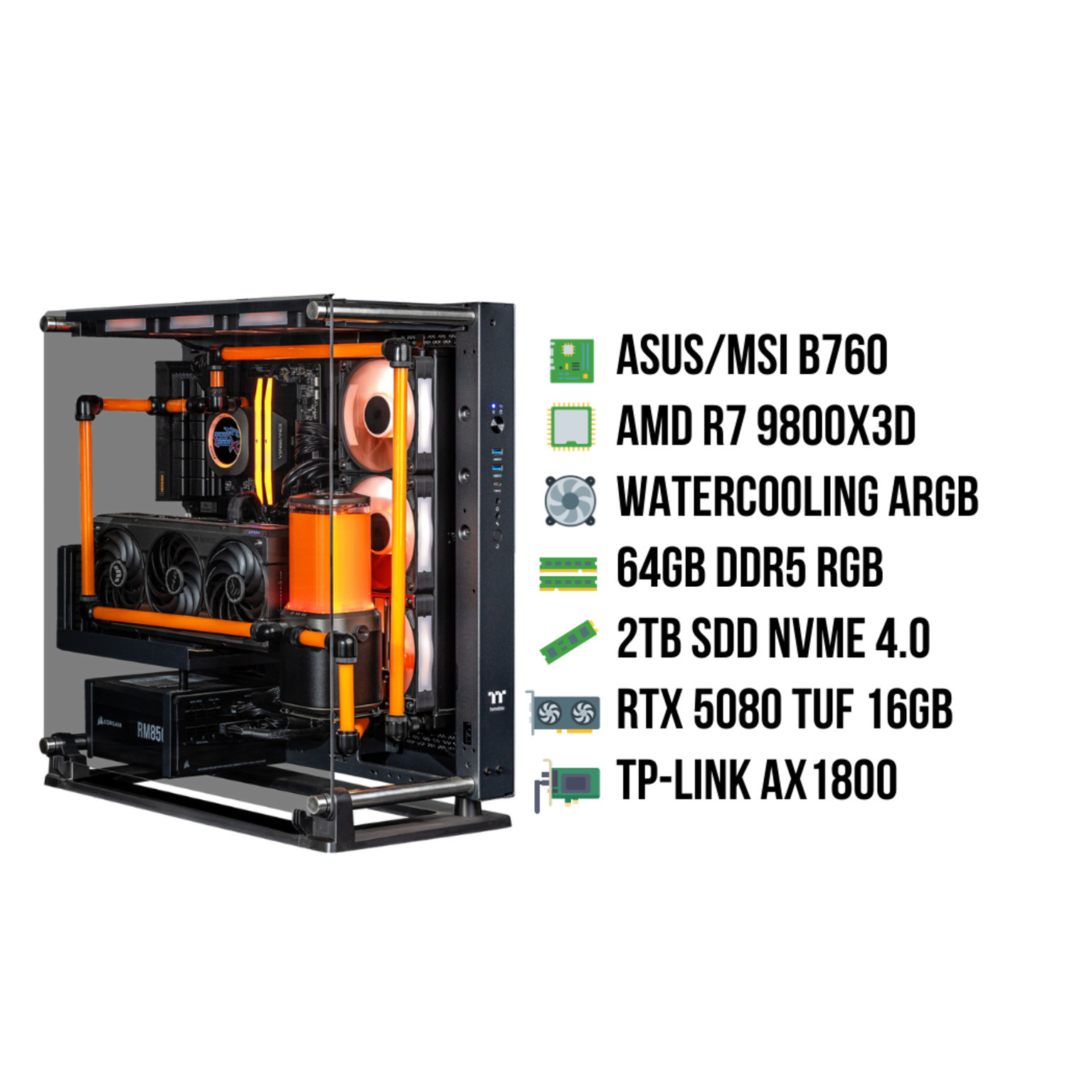 Boîtier PC ouvert avec refroidissement liquide orange, composants internes et éclairage RVB. Avec alimentation Corsair.
