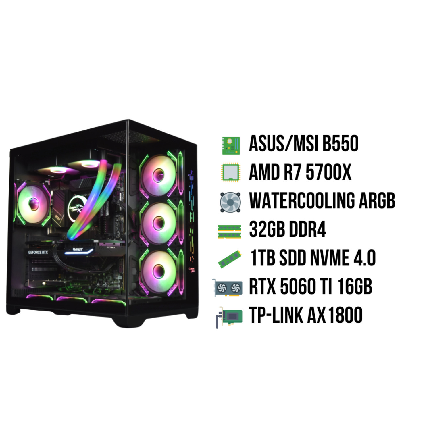 Een pc-behuizing met componenten: ventilatoren, waterkoeling en een grafische kaart.