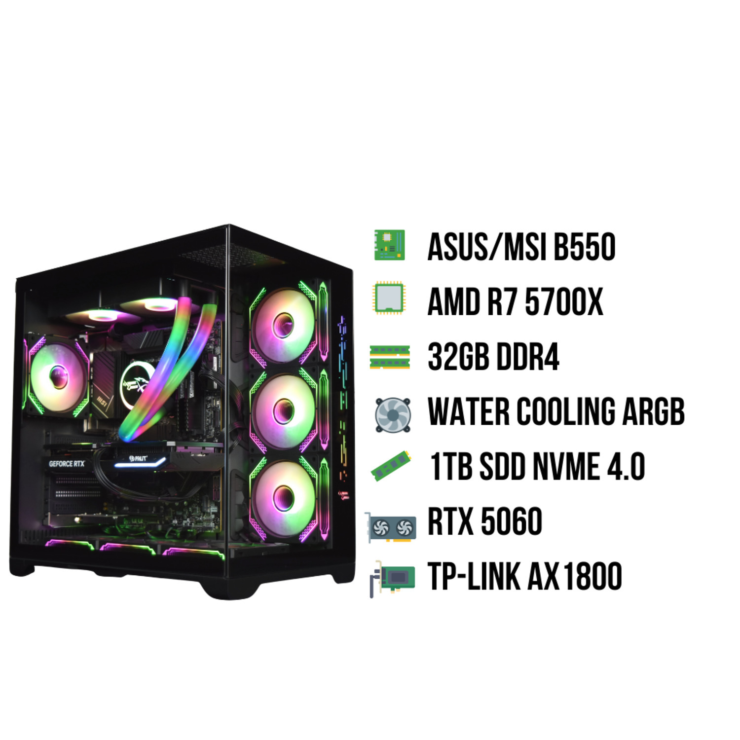 Een pc-behuizing met interne componenten en een lijst met specificaties.