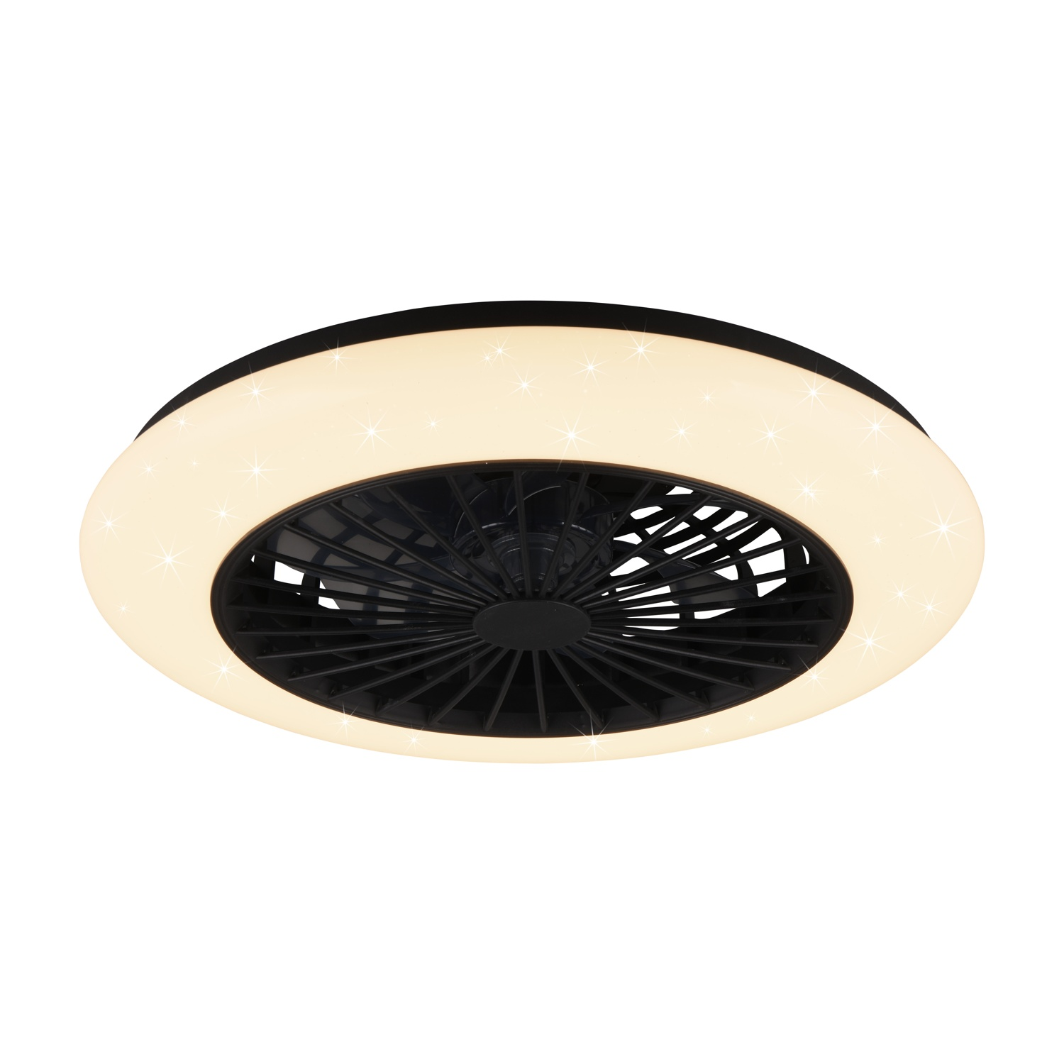 Ventilatore da soffitto nero con luce circolare. La luce è bianca con piccoli accenti a forma di stella.
