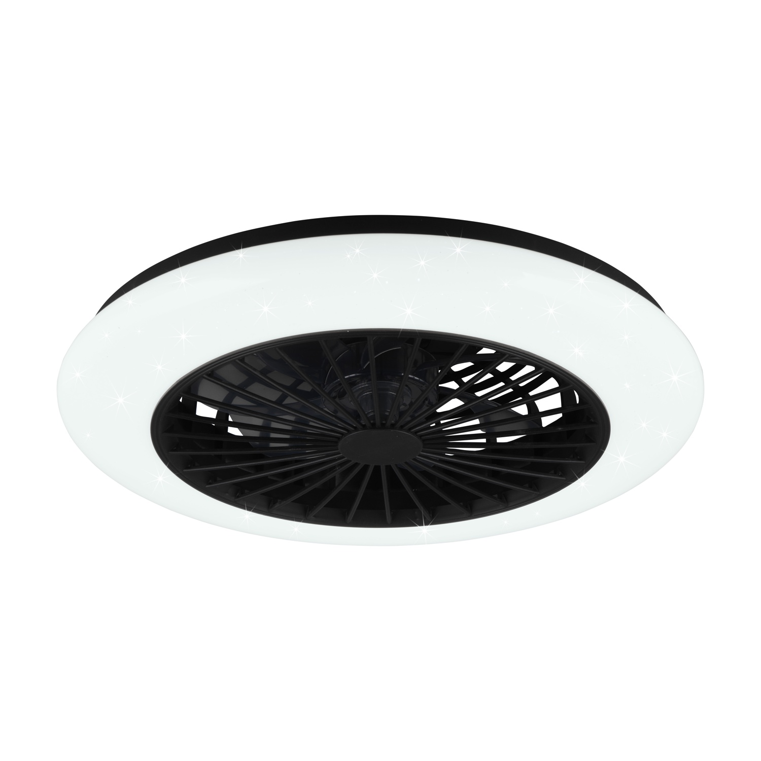 Un ventilatore da soffitto con un anello di luci bianco e una ventola nera, su sfondo bianco.