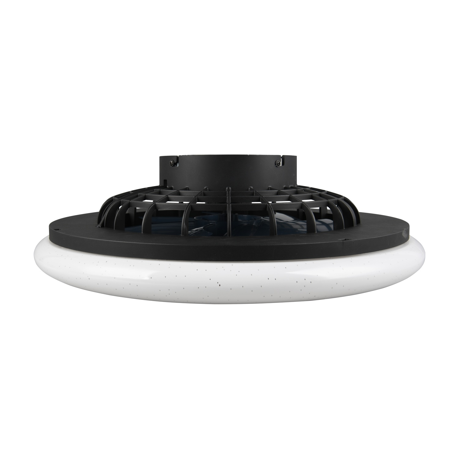 Un ventilatore da soffitto bianco e nero con un design circolare, visto da un'angolazione bassa.