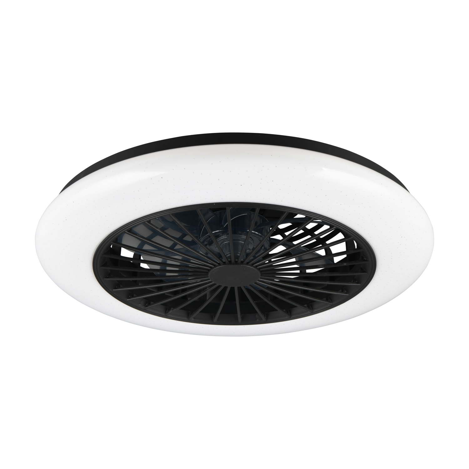 Ventilatore da soffitto nero con luce circolare bianca. La luce ha una trama maculata.