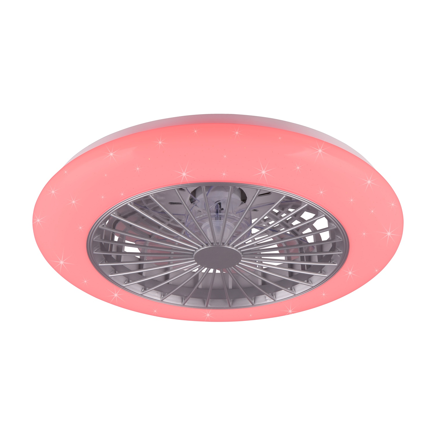 Un ventilatore da soffitto bianco con un bordo illuminato di rosa, visto dal basso.