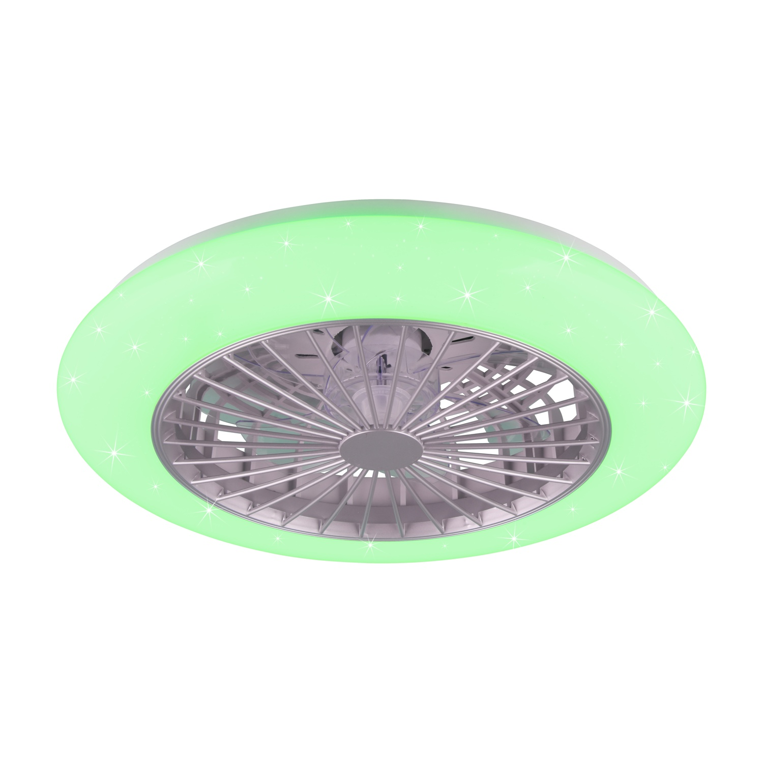 Ventilatore da soffitto con luce circolare verde. Le pale e il motore del ventilatore sono visibili.