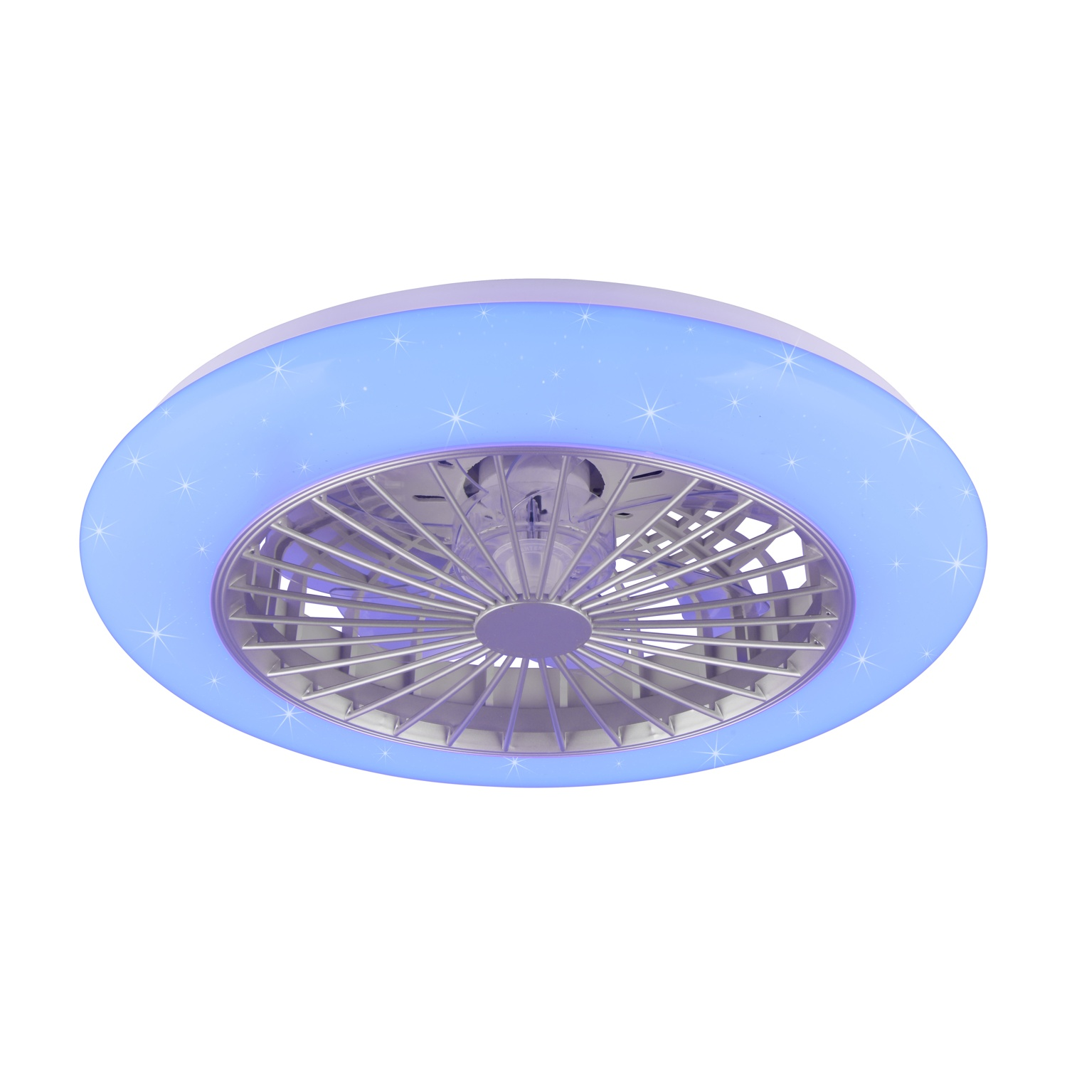 Un ventilatore da soffitto bianco con un bordo illuminato di blu, visto dal basso.