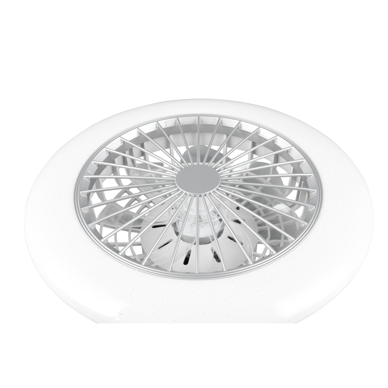 Ventilatore da soffitto bianco con luce circolare. Le pale e il motore del ventilatore sono visibili.