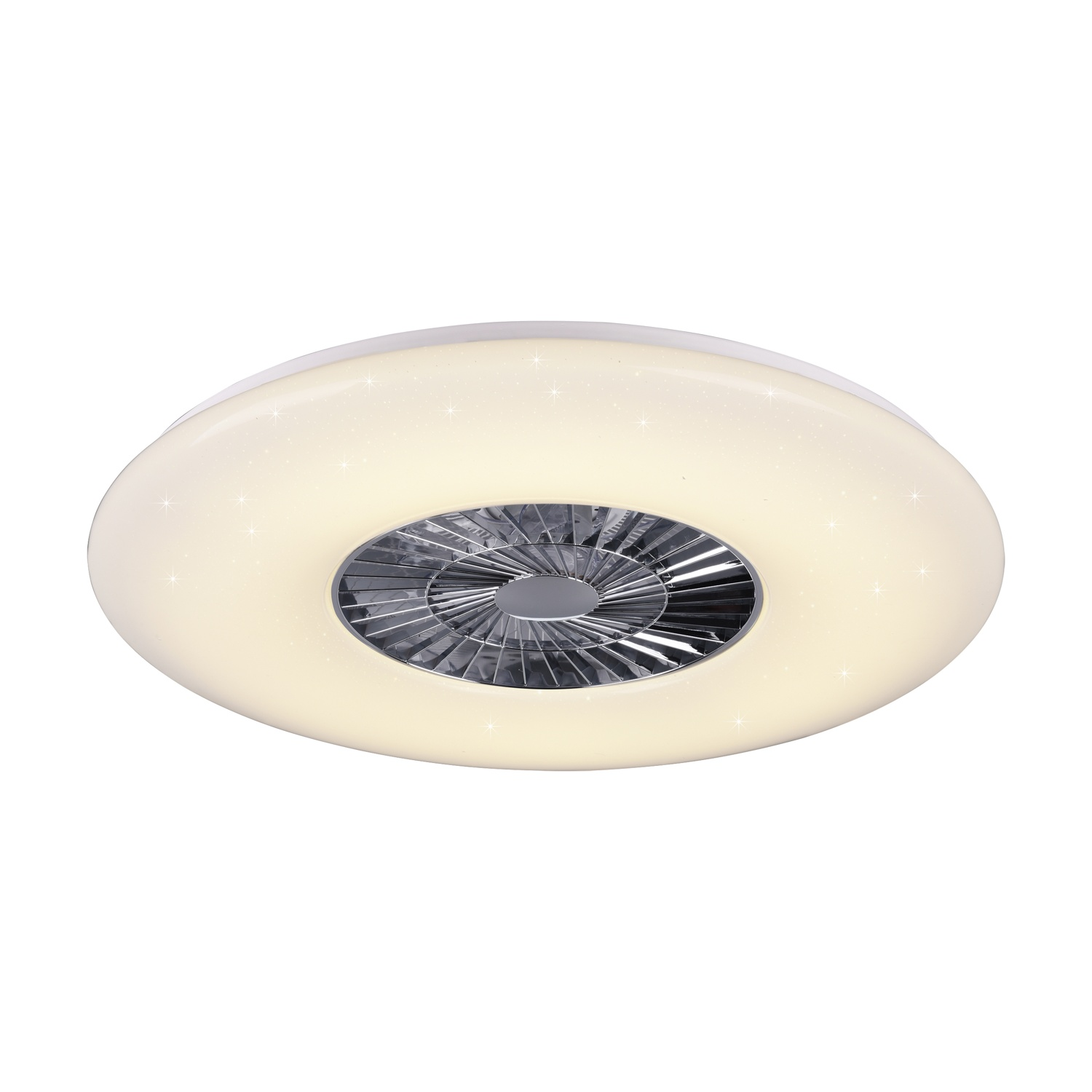 Un ventilatore da soffitto bianco con un centro argentato e un anello di piccole luci, visto dal basso.