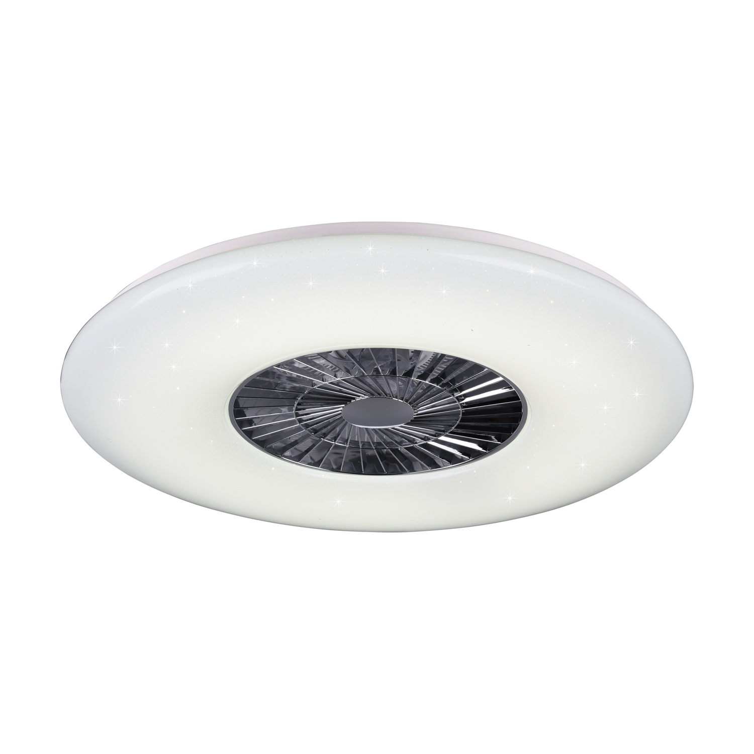 Un ventilatore da soffitto bianco con un centro argentato e un anello di piccole luci, visto dal basso.