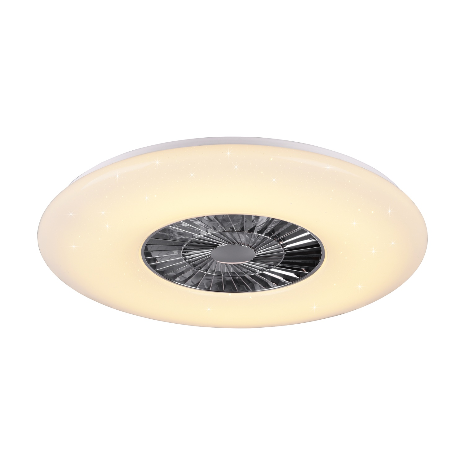 Ventilatore da soffitto con luce circolare. La luce ha una delicata tonalità gialla e piccoli accenti a stella.