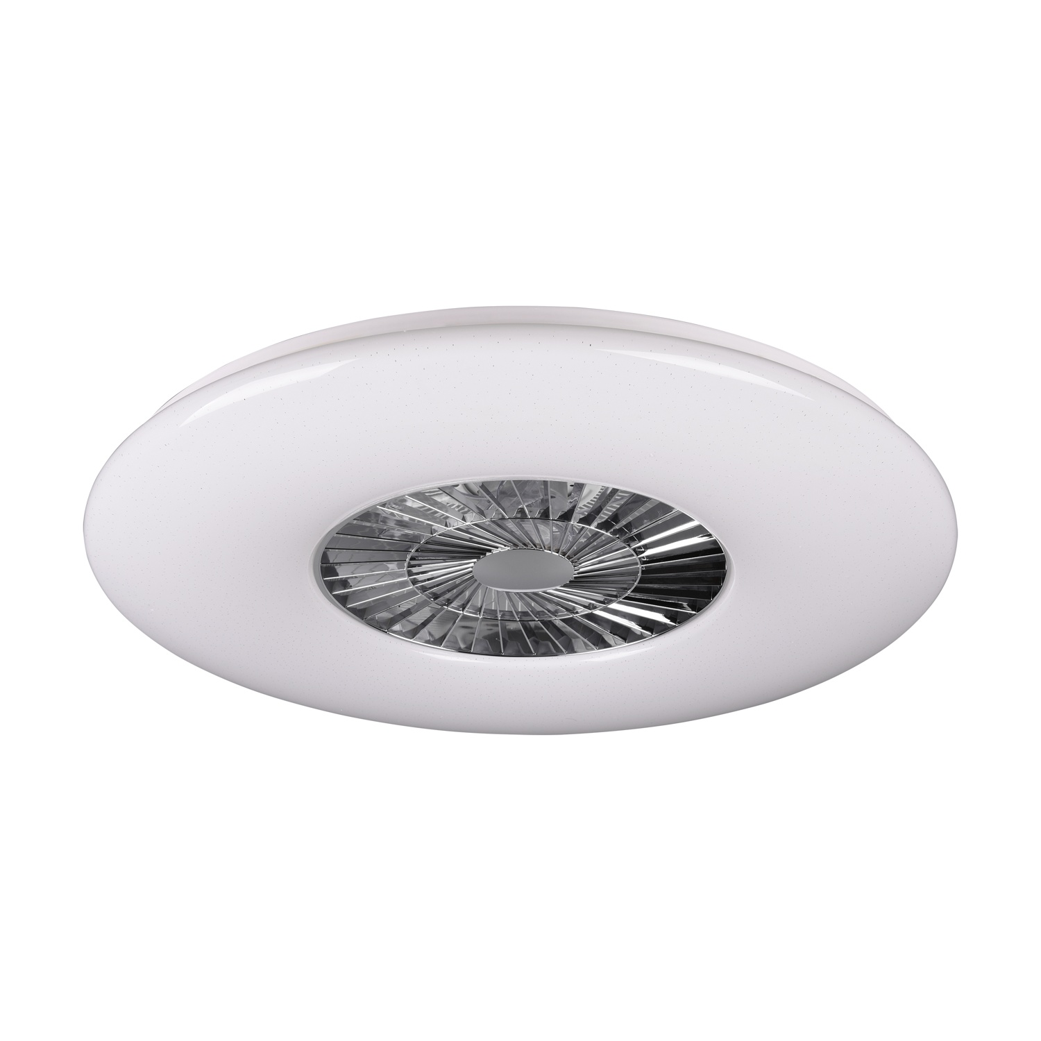 Un ventilatore da soffitto bianco con un centro argentato e un anello esterno trasparente, visto dal basso.
