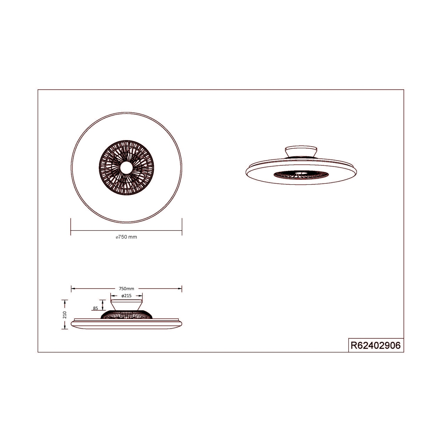 Disegno tecnico di un ventilatore da soffitto. Mostra viste dall'alto e laterali con misure.