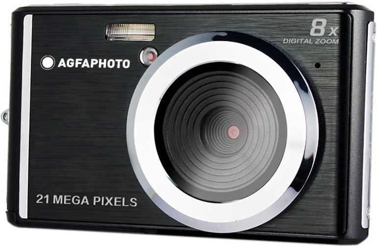 Schwarze AgfaPhoto Kamera mit 8x Zoom, 21 Megapixeln.