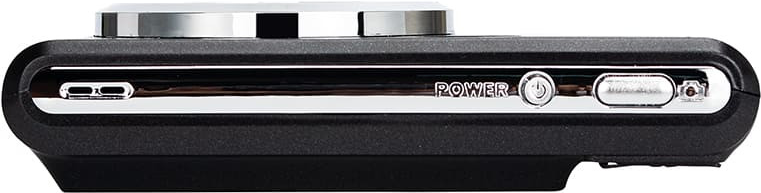 Seitenansicht einer schwarzen Kamera. Zeigt Power-Taste und Details.