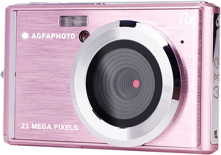 Fotocamera AgfaPhoto rosa con zoom 8x e 21 megapixel.