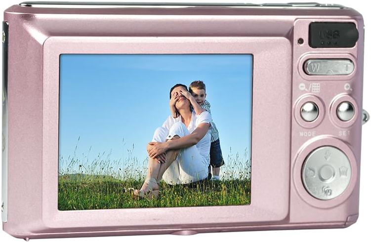 Schermo posteriore di fotocamera digitale rosa mostra madre e figlio in un campo.
