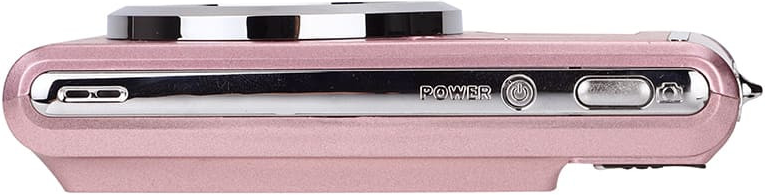 Vista laterale di fotocamera digitale rosa, con porte di alimentazione e USB.