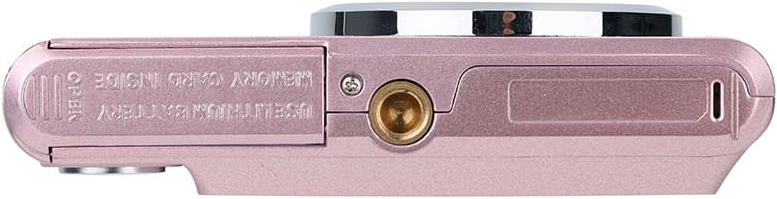 Lato inferiore di fotocamera digitale rosa con vano batteria e porte.
