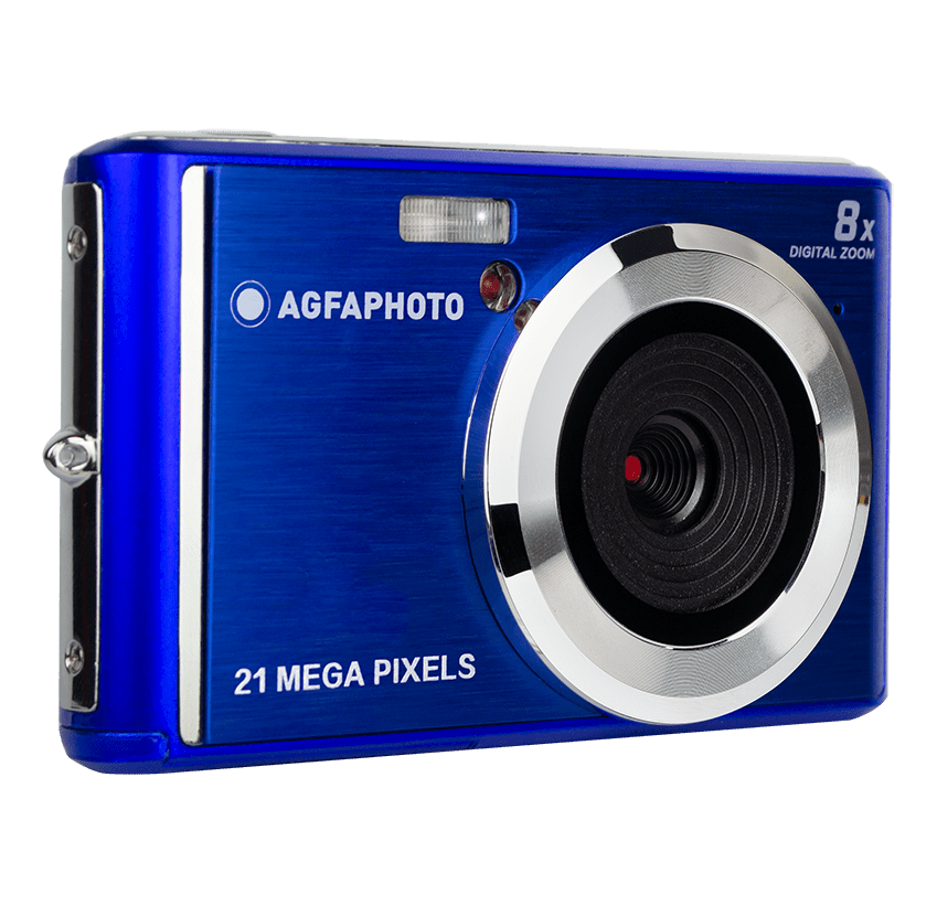 Blaue AgfaPhoto Digitalkamera mit Objektiv und Blitz, von vorne gesehen.
