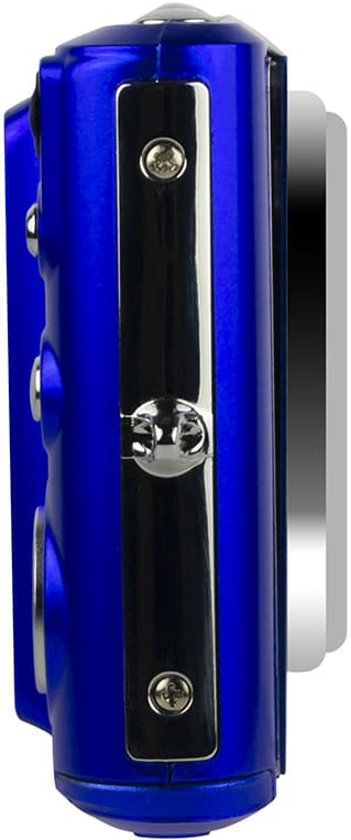 Seitenansicht einer blauen Kamera mit Knöpfen und silberner Zierleiste.
