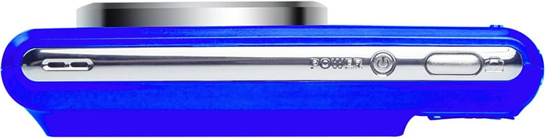 Unterseite einer blauen Kamera mit Ein-/Aus-Schalter und Anschlüssen.