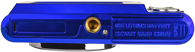 Unterseite einer blauen Kamera mit Batteriefach und Anschlüssen.