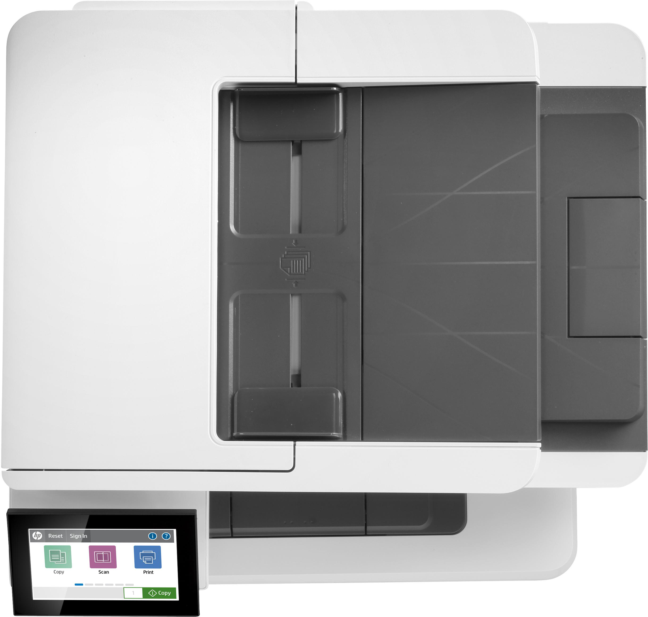 Weißer HP-Drucker, Draufsicht, zeigt den Scanner und das Touchscreen-Bedienfeld.