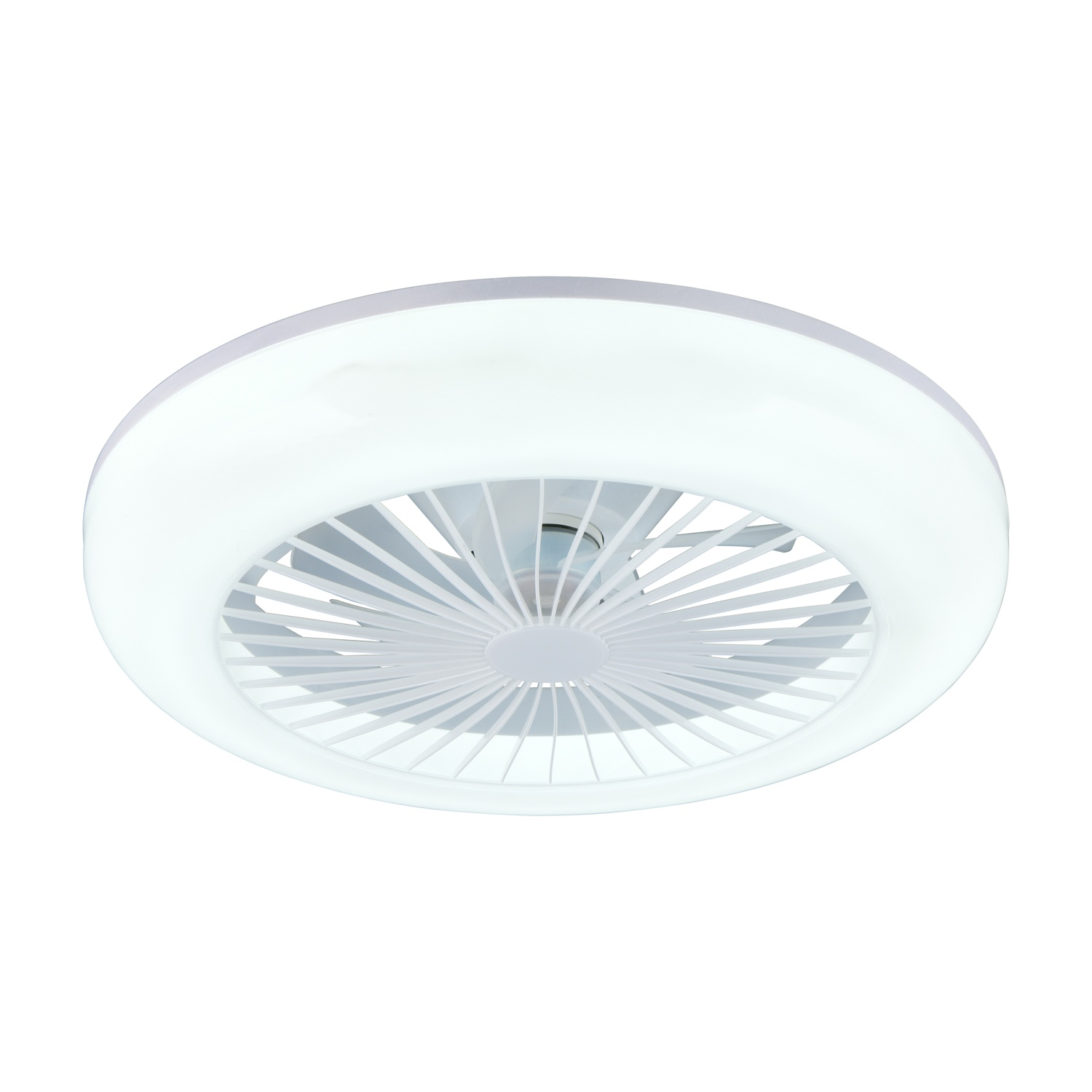 Ventilatore da soffitto bianco con una luce ad anello, che illumina le pale del ventilatore.