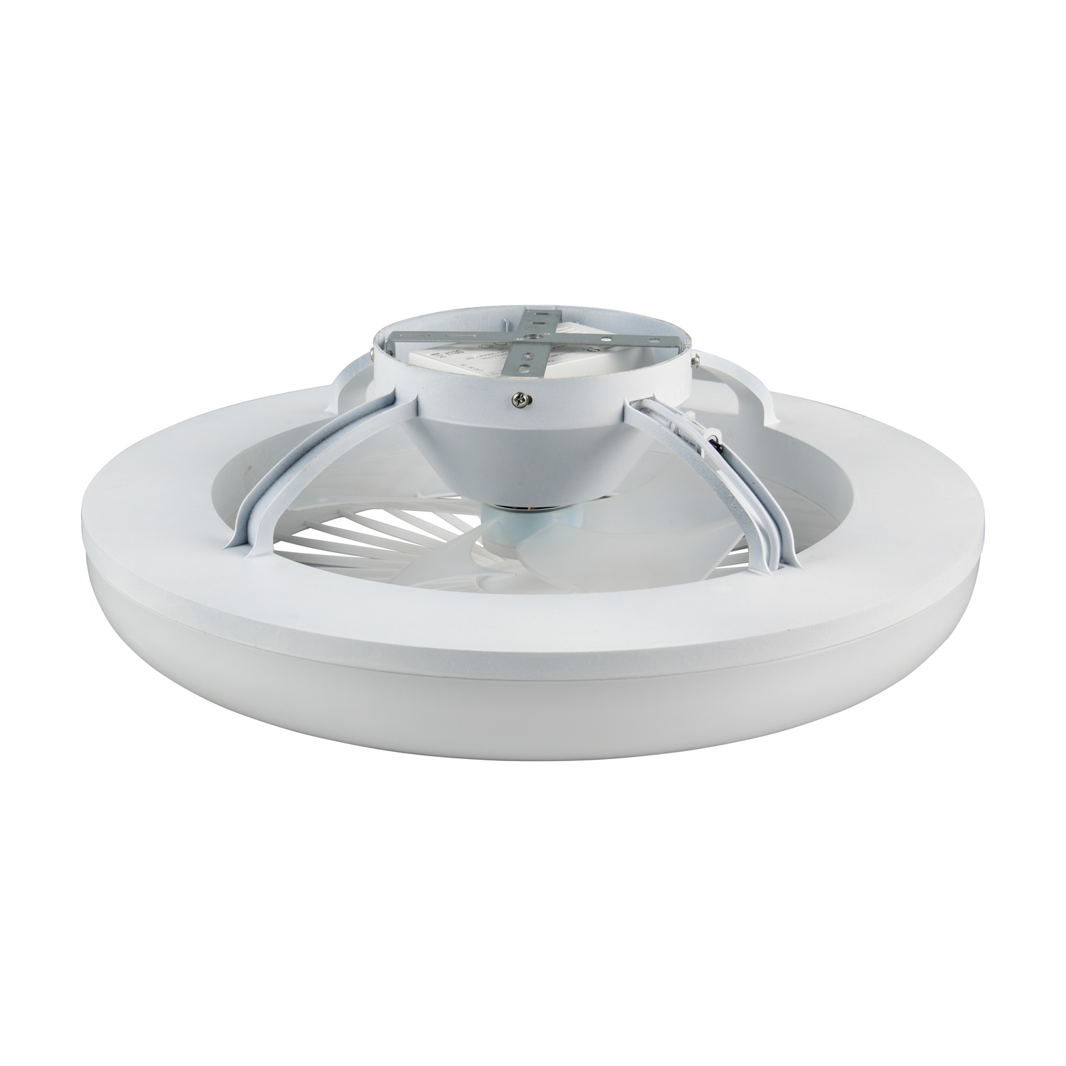 Ventilatore da soffitto, corpo bianco, pale bianche, forma circolare, con una luce al centro.