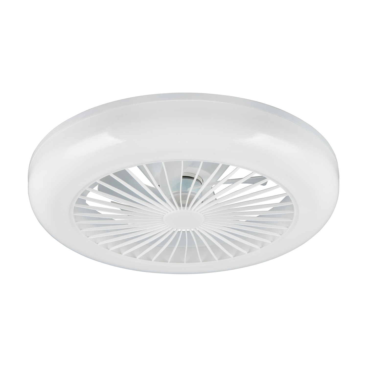 Ventilatore da soffitto bianco. La luce ad anello illumina le pale del ventilatore.