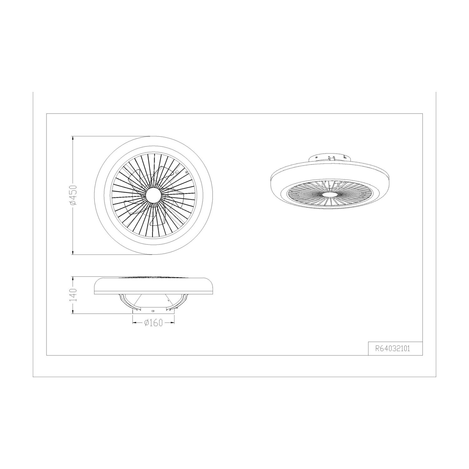 Un disegno tecnico con le dimensioni di un ventilatore da soffitto, da prospettive dall'alto, laterale e frontale.