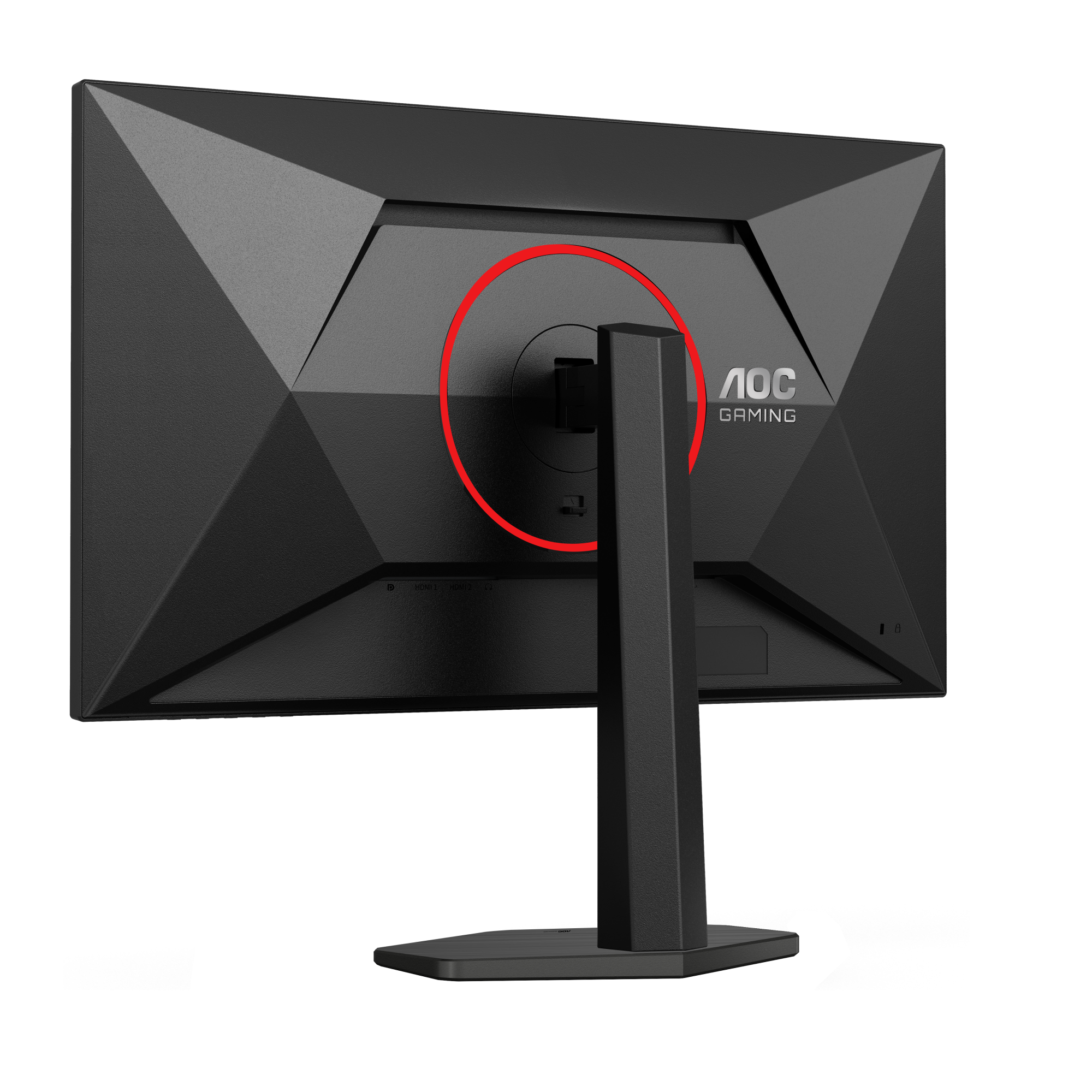 Rückseite des schwarzen Gaming-Monitors mit AOC Gaming-Logo, rotem Ring um die Halterung und schwarzem Ständer.