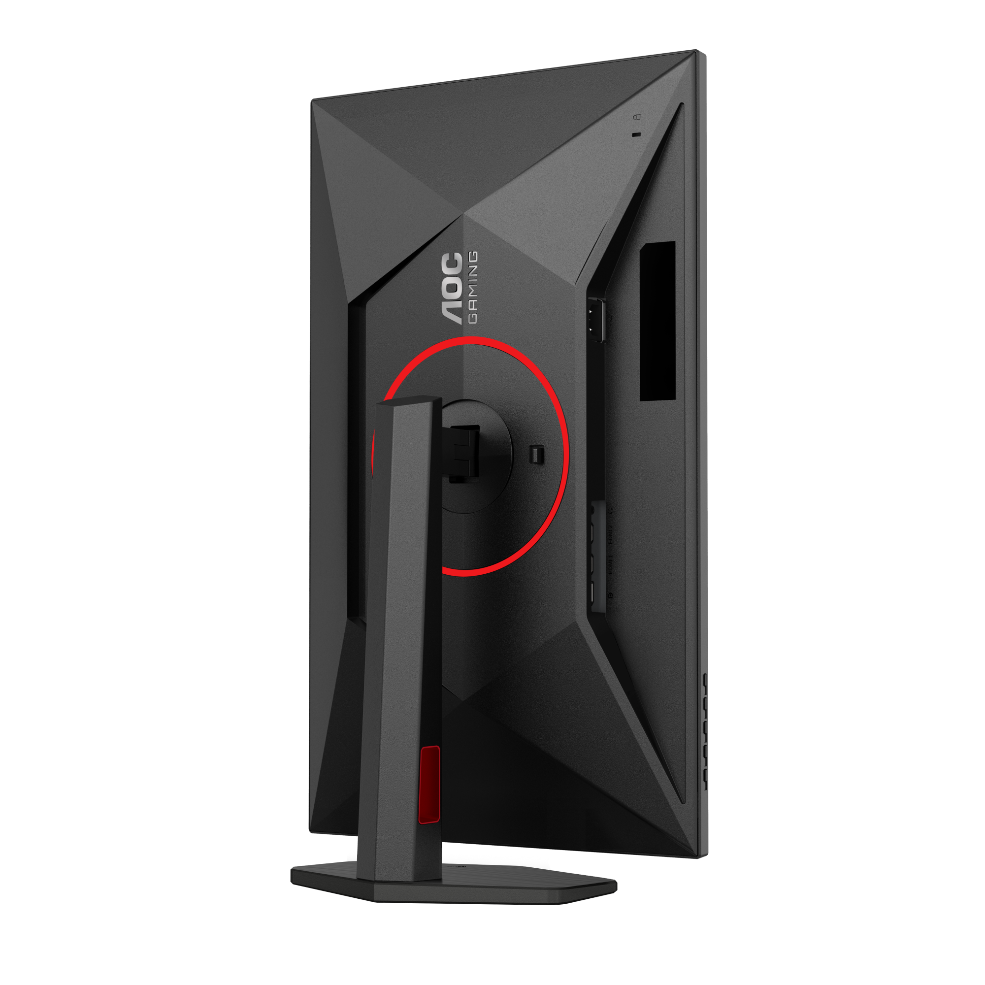 Die Rückseite des schwarzen Monitors. AOC Gaming-Logo, ein roter Kreis und ein schwarzer Ständer.