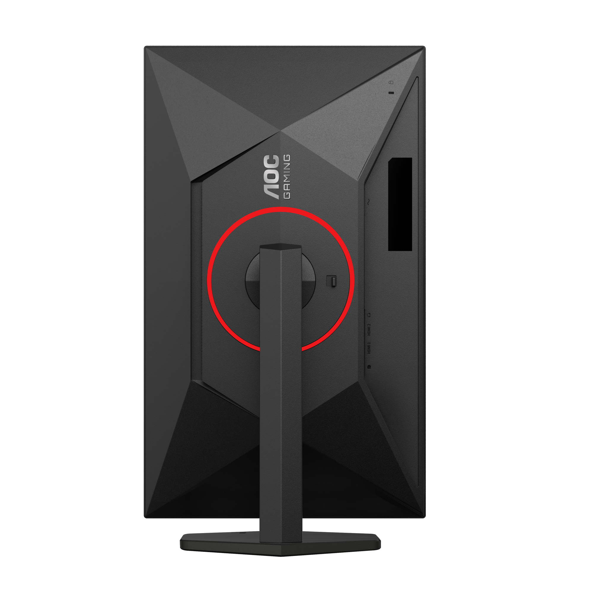 Rückansicht eines schwarzen Gaming-Monitors mit dem AOC Gaming-Logo, einem roten Kreis und einem schwarzen Ständer.