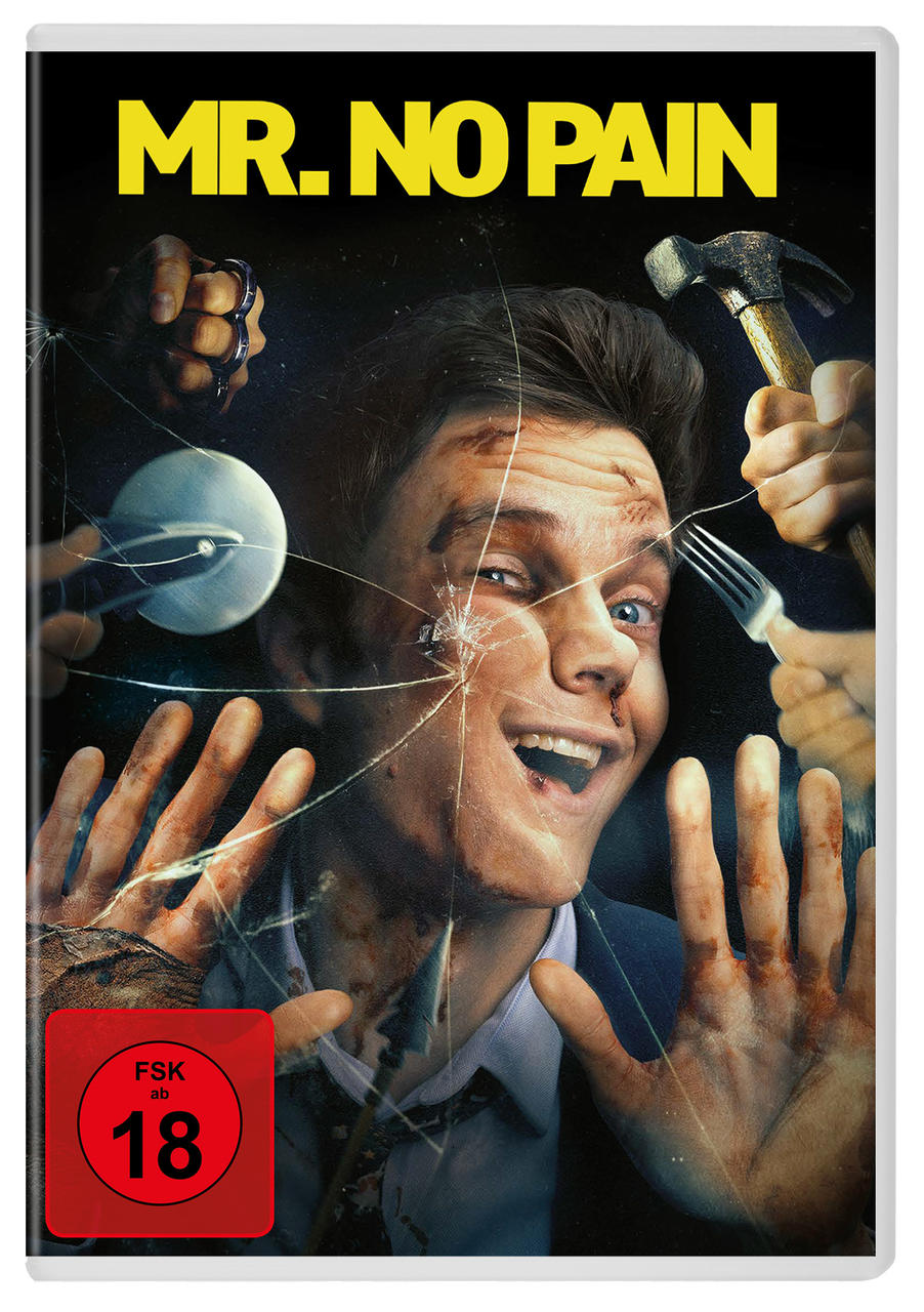 Filmcover zeigt einen Mann mit zerbrochenem Gesicht, umgeben von Händen mit Werkzeugen. Titel ist Mr. No Pain.