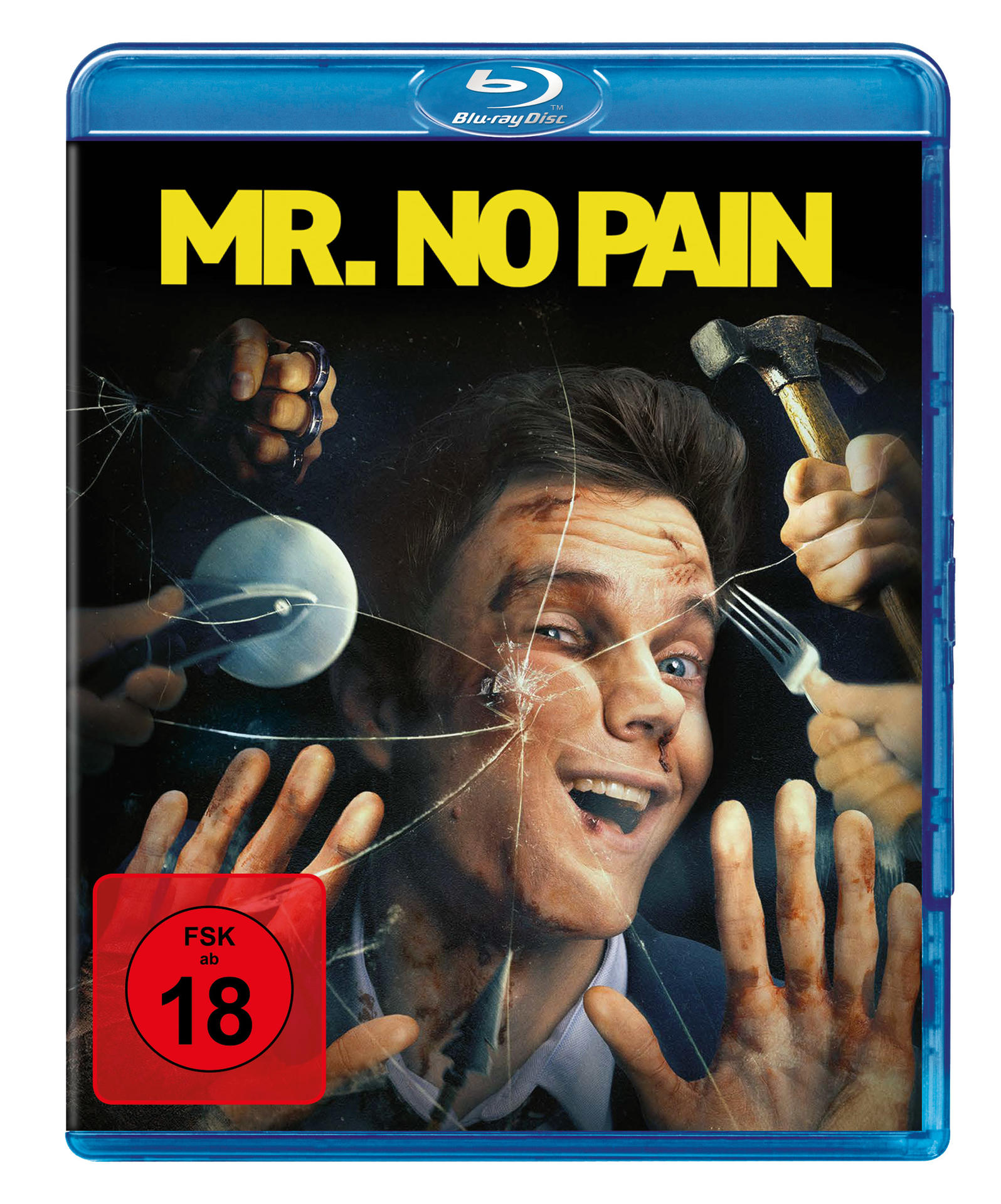 Filmcover zeigt einen Mann mit zerbrochenem Gesicht, umgeben von Händen mit Werkzeugen. Titel ist Mr. No Pain.