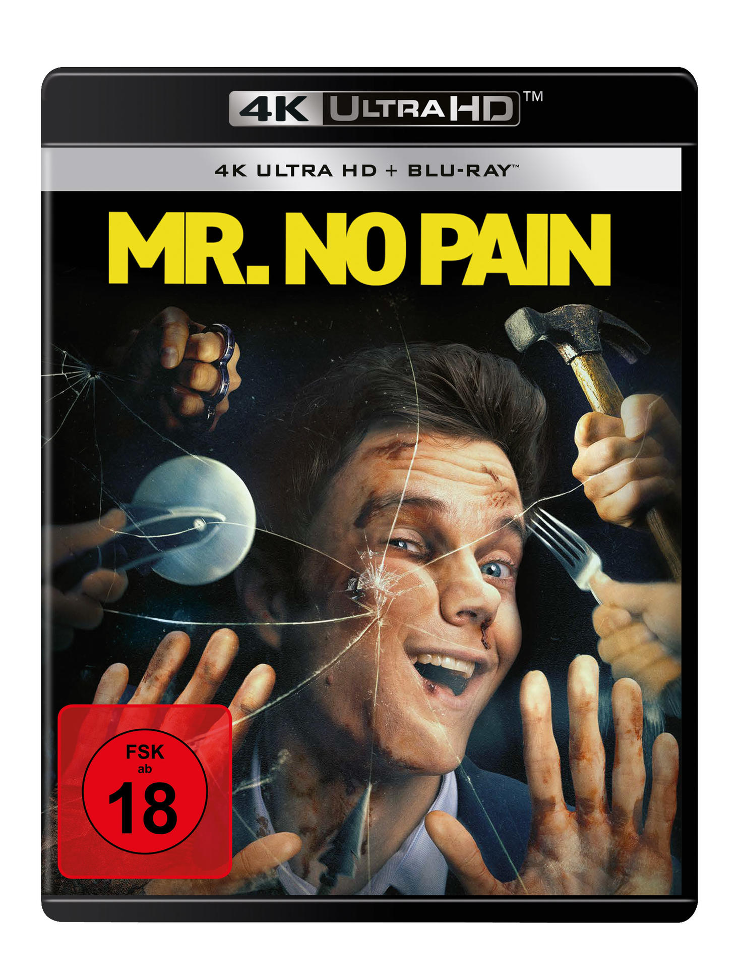 DVD-Cover: Mann mit blutbeflecktem Gesicht, umgeben von Gegenständen wie Schere und Hammer.
