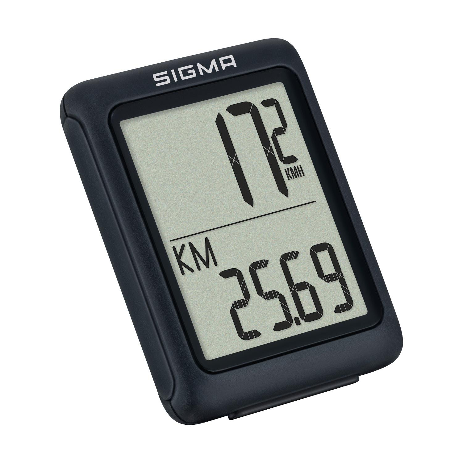 Schwarzer Fahrradcomputer, der Geschwindigkeit und Entfernung anzeigt. Sigma-Markenname sichtbar.