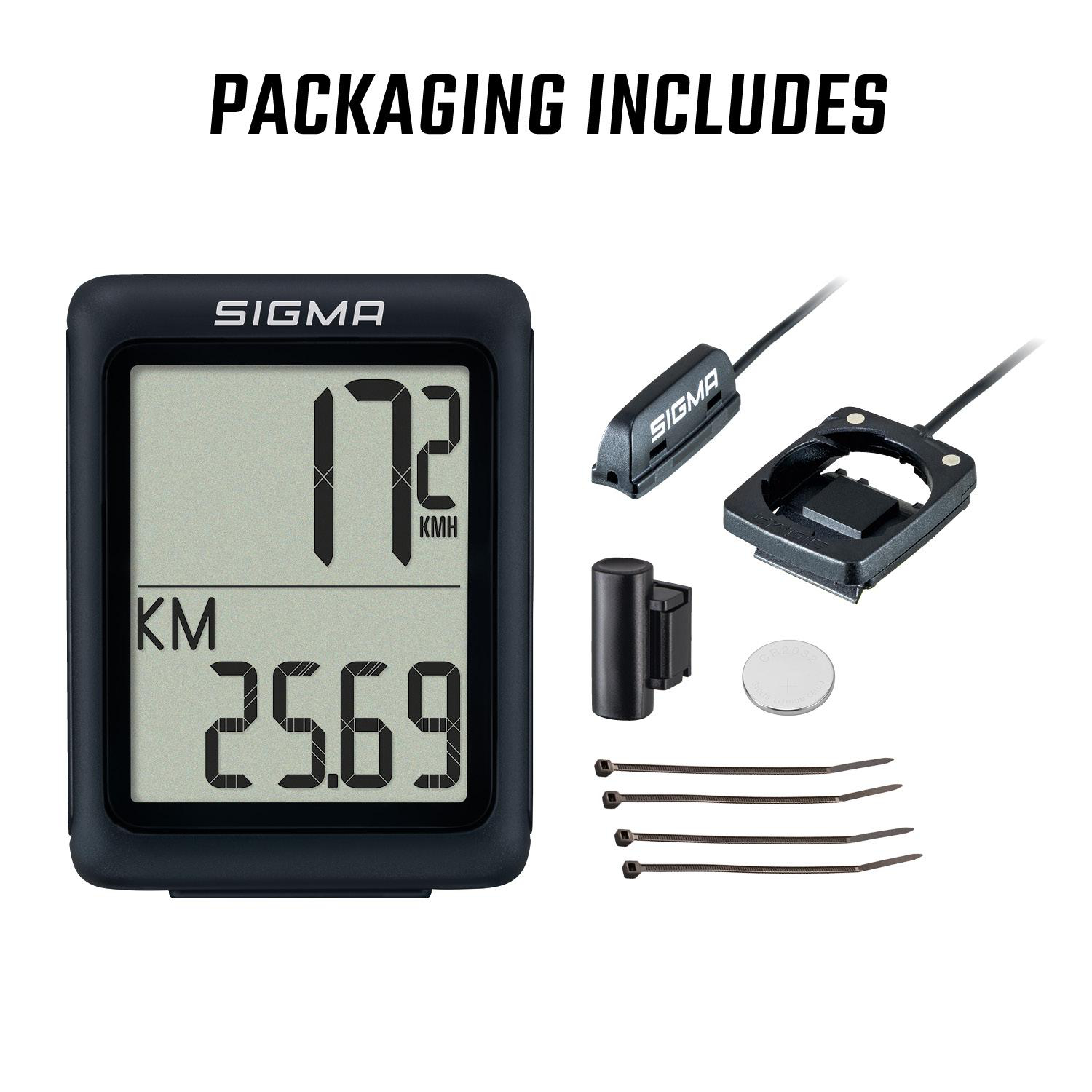 Fahrradcomputer mit Zubehör. Text: Verpackung enthält.