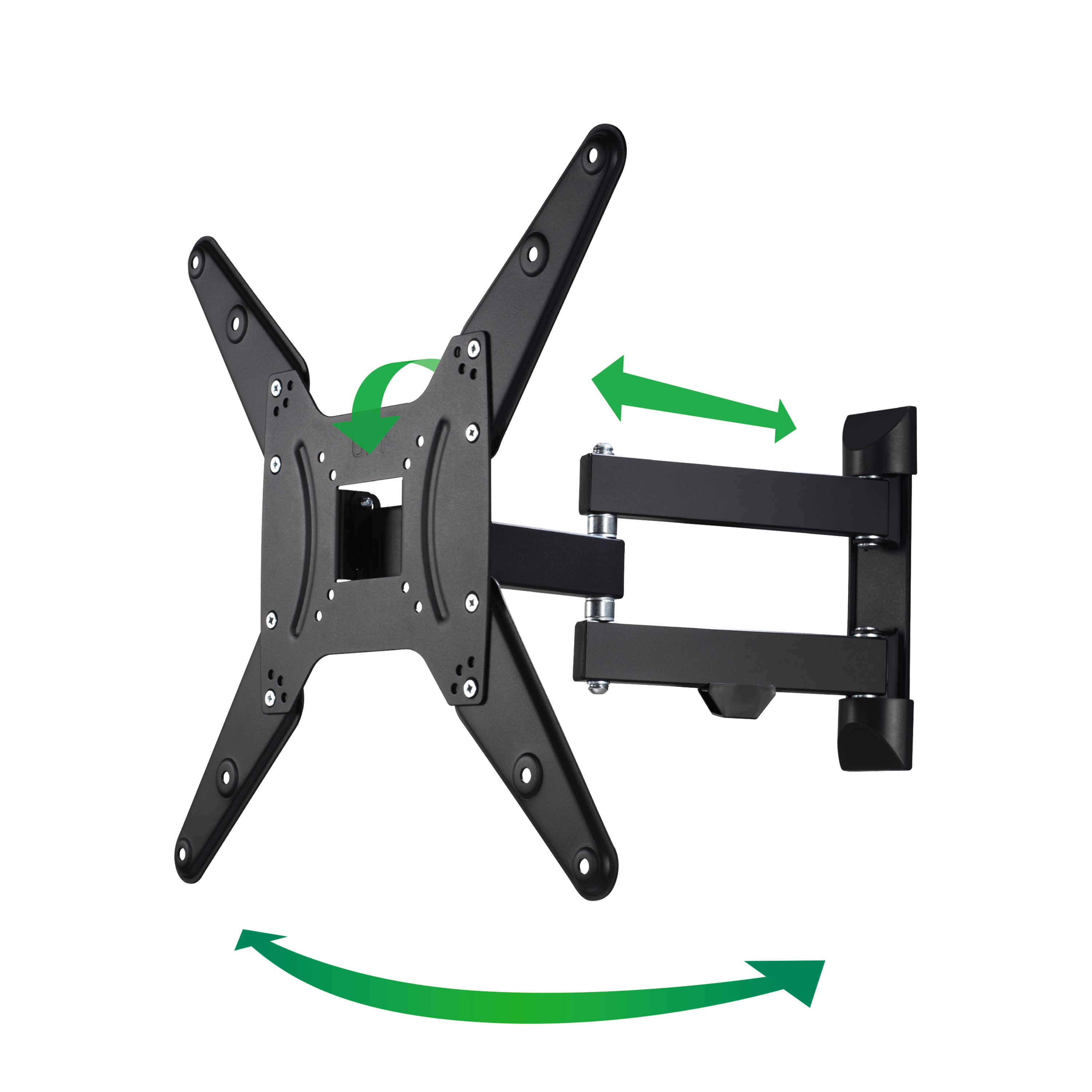 Czarny uchwyt do telewizora ze strzałkami wskazującymi kierunki ruchu, zamontowany na białym tle.