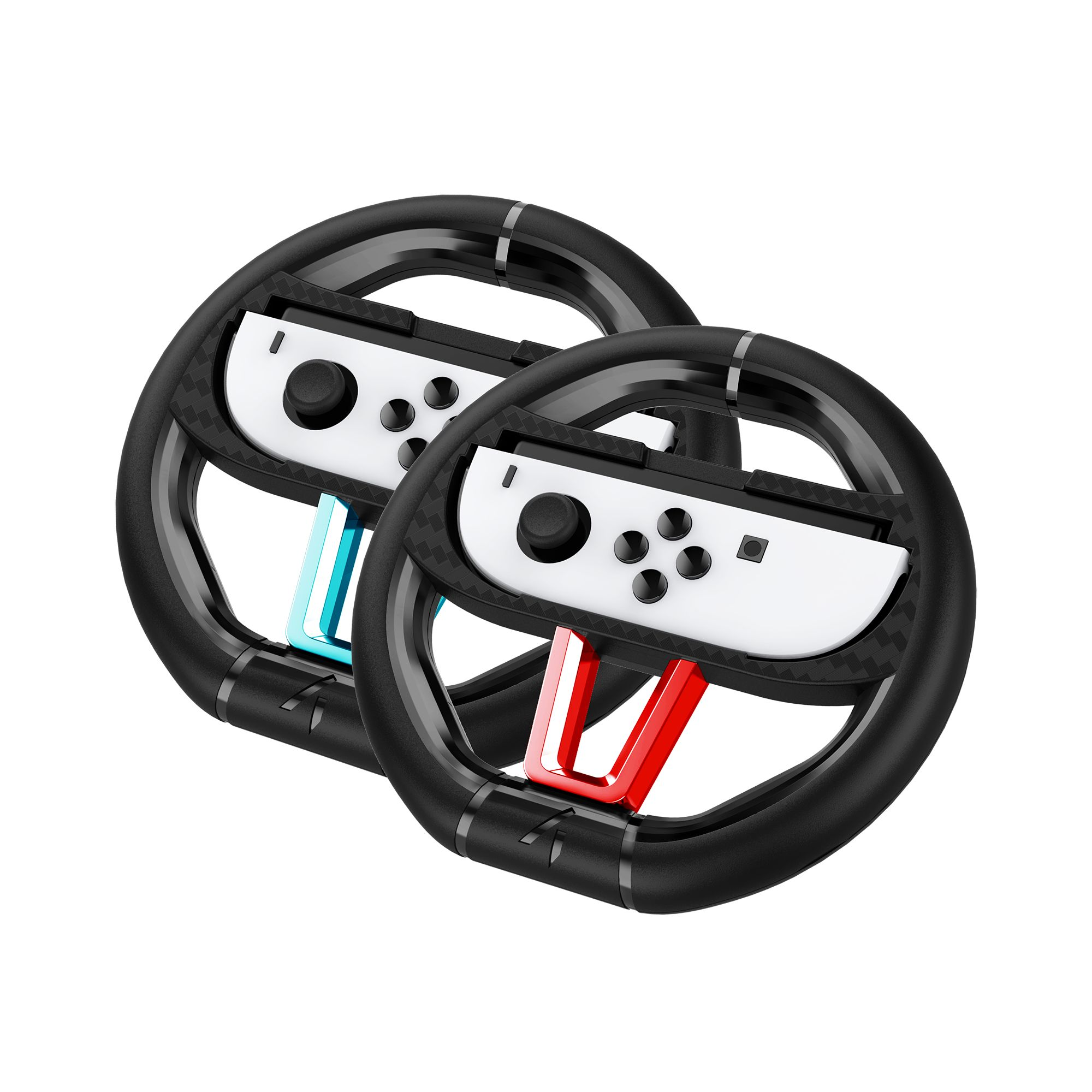 Zwei schwarze Lenkrad-Spiel-Controller mit farbigen Knöpfen.