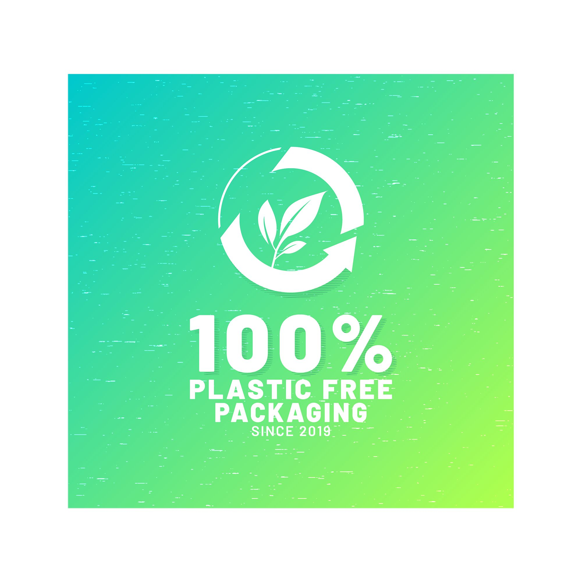 Ein grün-blauer Hintergrund mit einem Recycling-Symbol und Text, der plastikfreie Verpackung seit 2019 anzeigt.