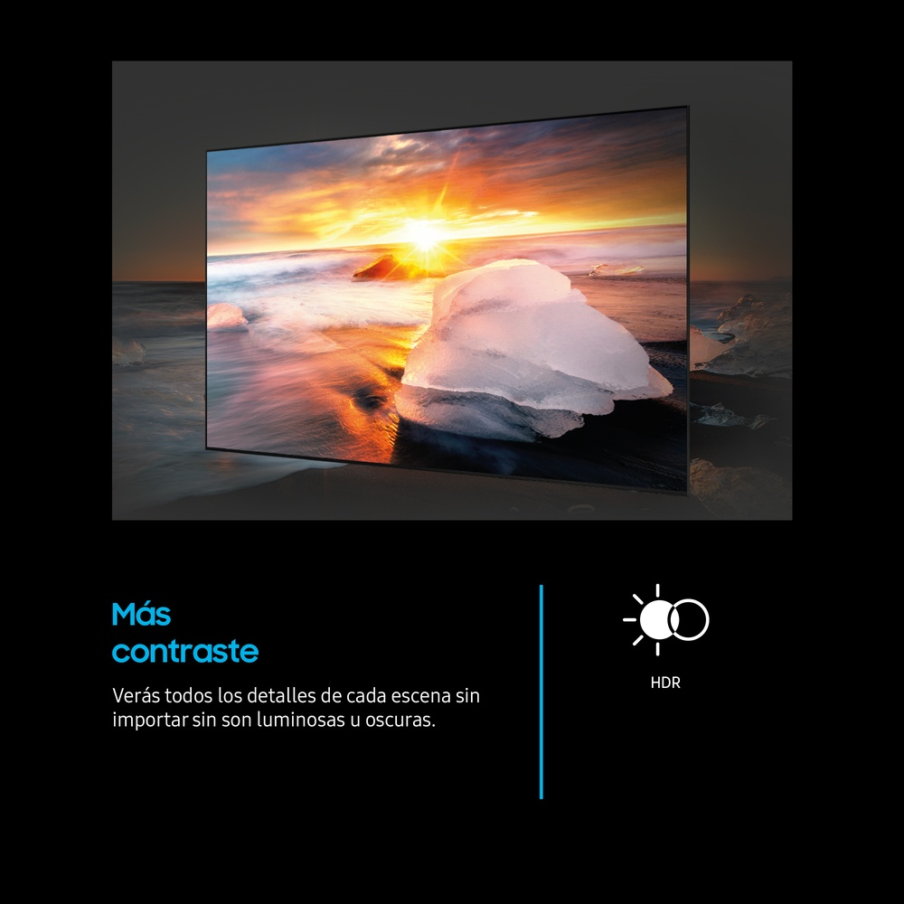 Pantalla de TV mostrando un atardecer sobre una playa. Texto a la izquierda menciona contraste.