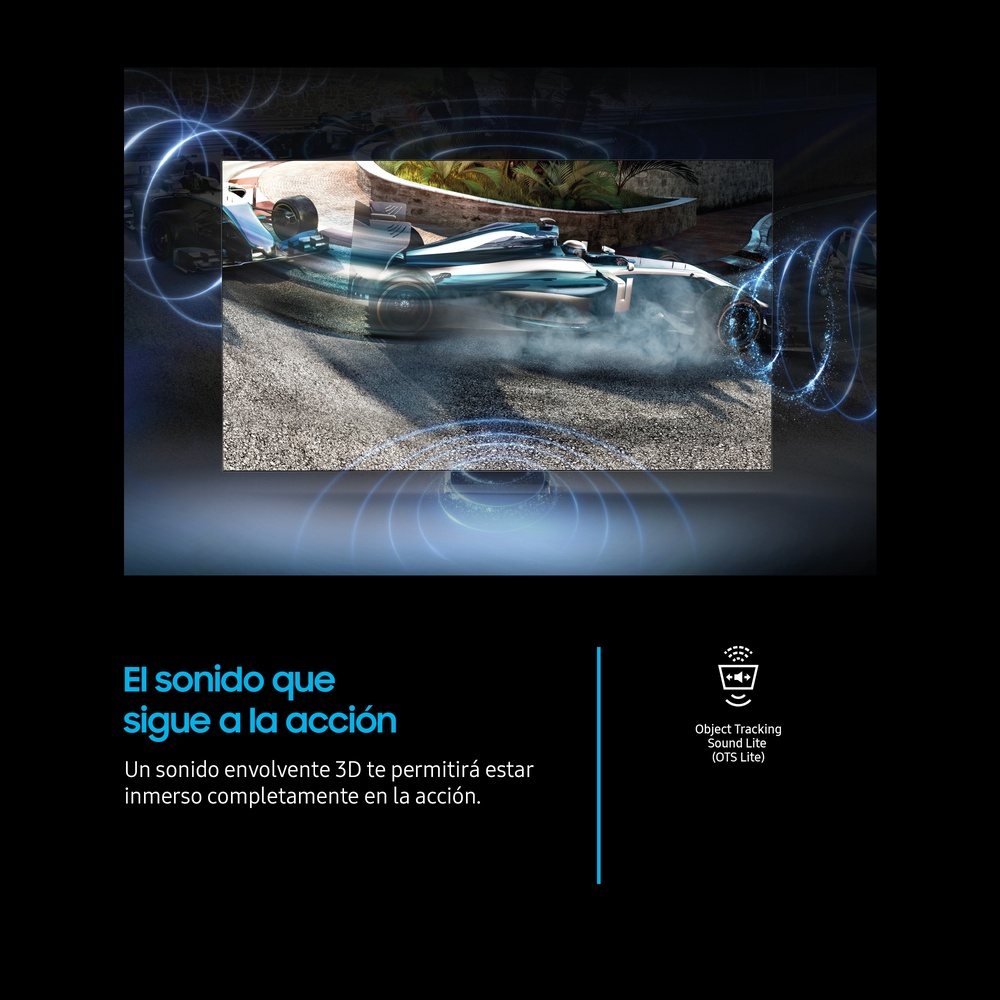 Pantalla de TV mostrando una escena de coche de carreras. Texto a la izquierda menciona sonido y experiencia inmersiva.