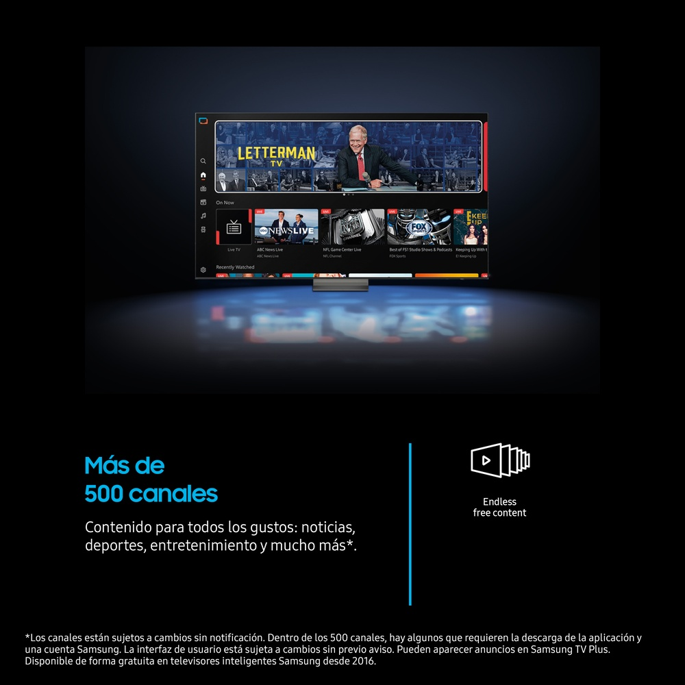 La pantalla del televisor muestra un canal de noticias. El texto inferior dice 'Más de 500 canales'.