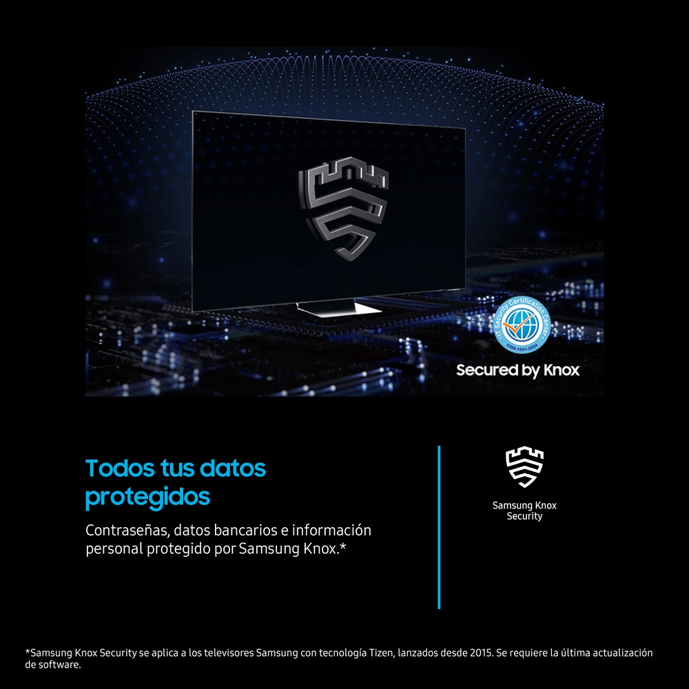 Imagen con texto: Samsung Knox Security. Protege datos. Fondo oscuro con un televisor Samsung.