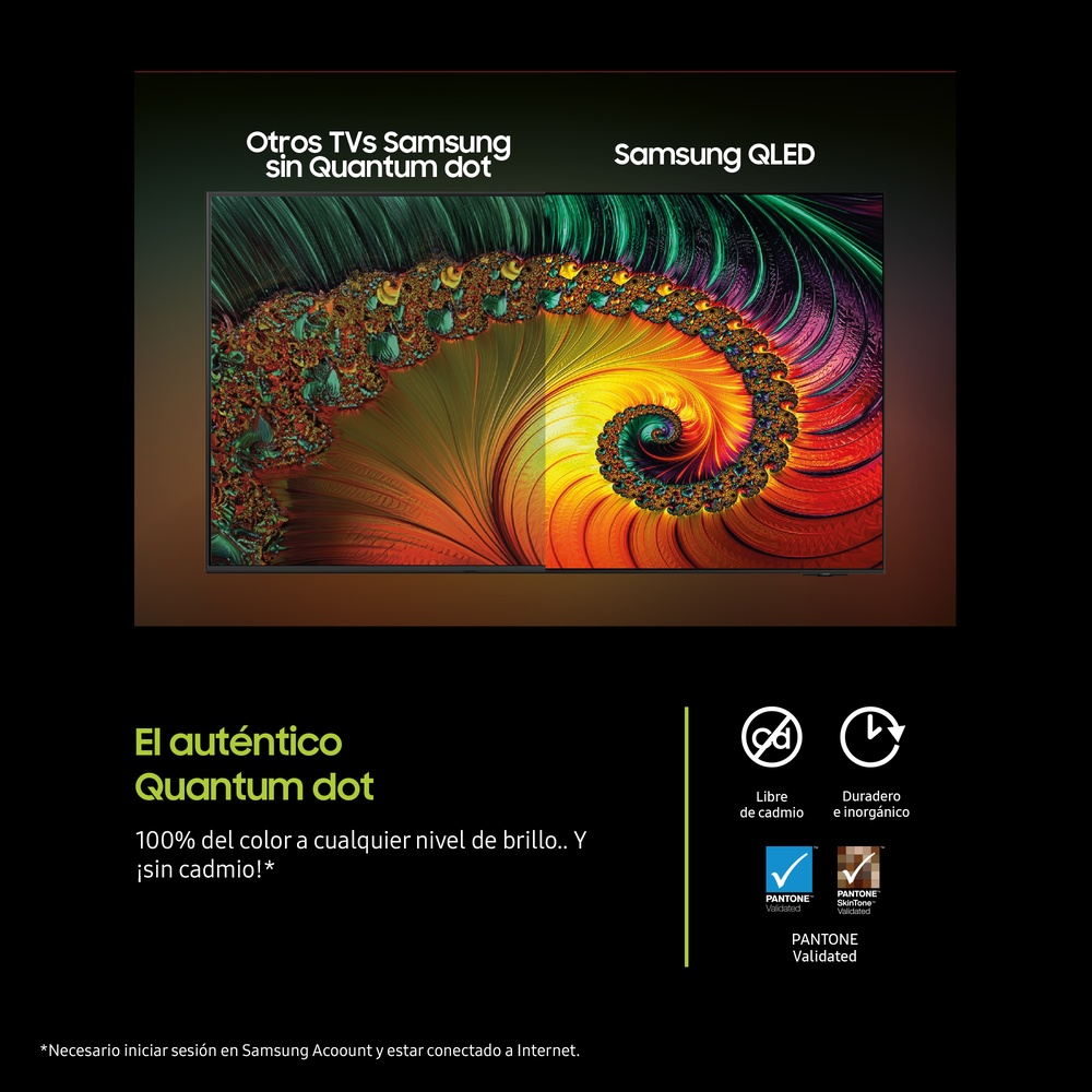 Imagen de un televisor Samsung que muestra la tecnología de puntos cuánticos, mostrando colores vívidos y componentes sin cadmio.