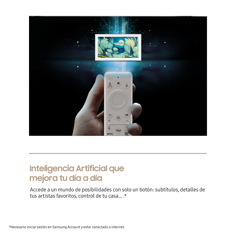 Una mano sostiene un mando a distancia blanco que apunta a una pantalla de TV con arte.