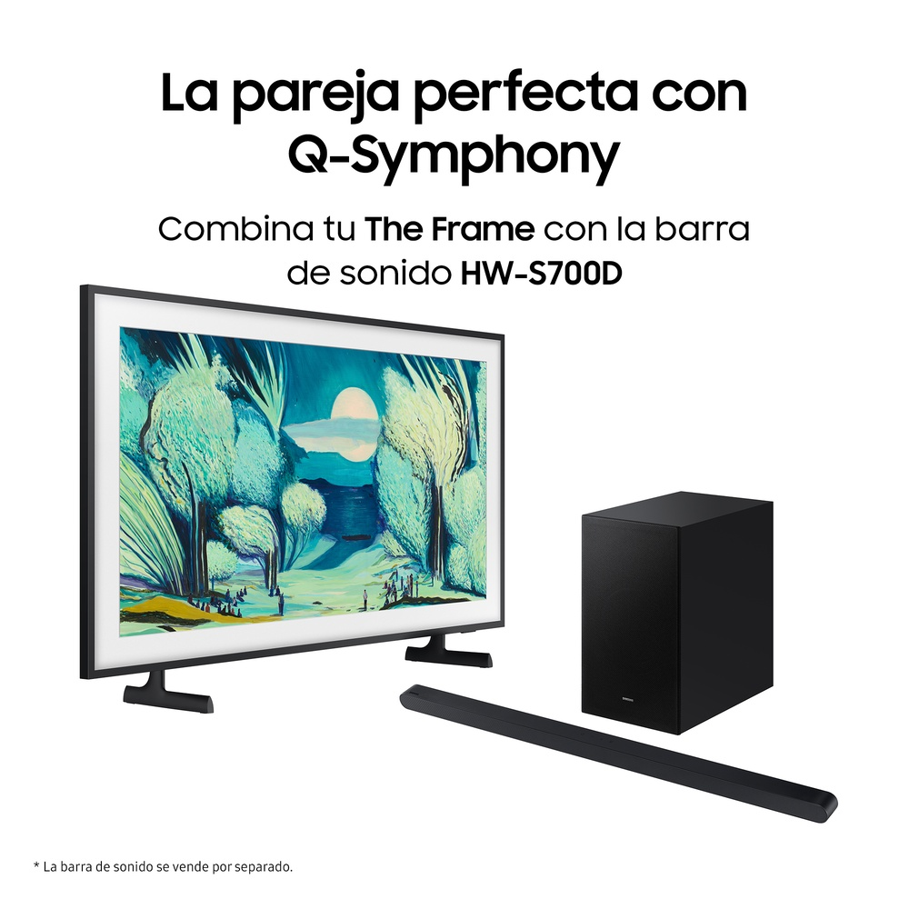Un televisor negro, una barra de sonido y un subwoofer están sobre una superficie blanca. El texto dice 'Pareja perfecta'.